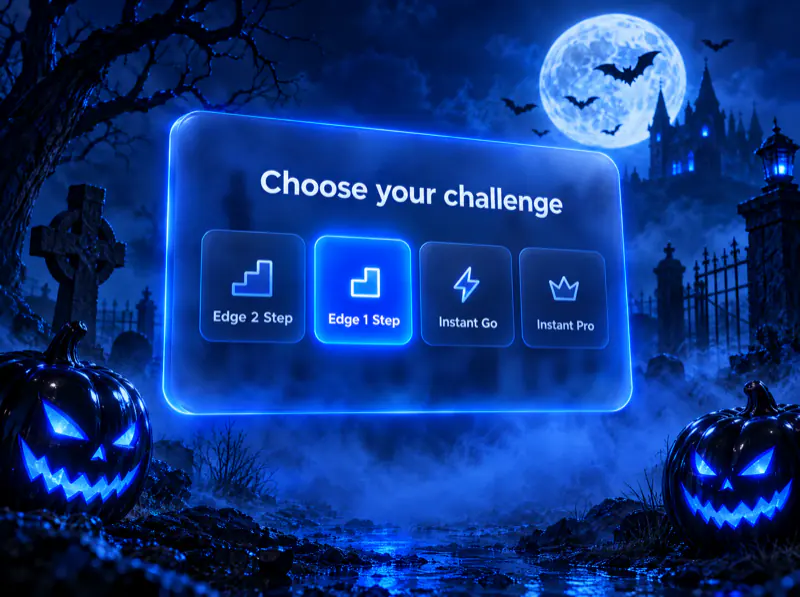 A glowing panel with the four CFD challenges: Edge 2 Step, Edge 1 Step, Instant Go and Instant Pro