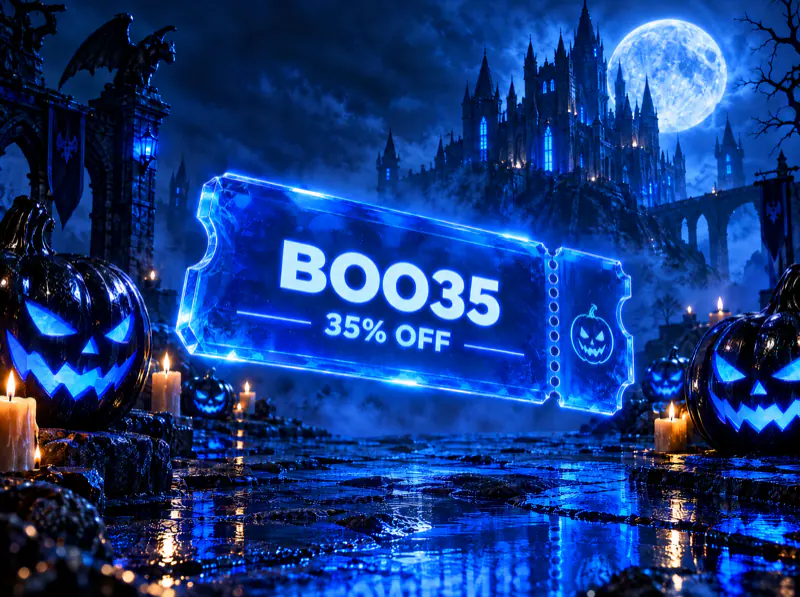 A glowing ticket reading BOO35, 35% off