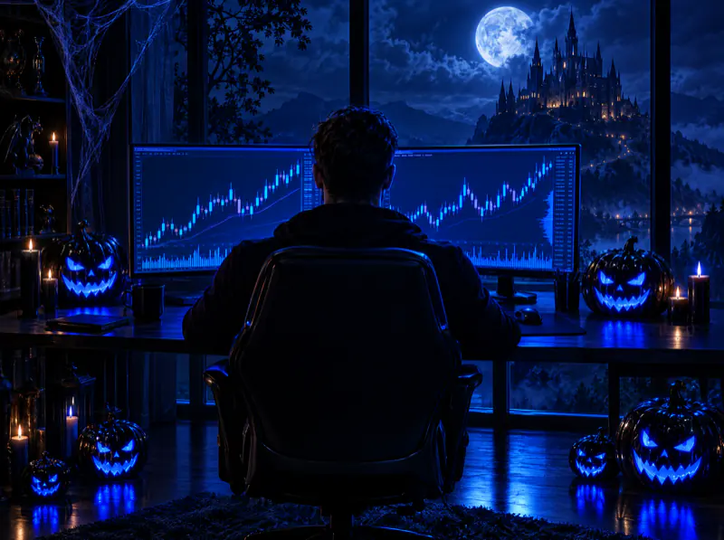 A trader at two screens of charts in a room lit by blue jack-o'-lanterns